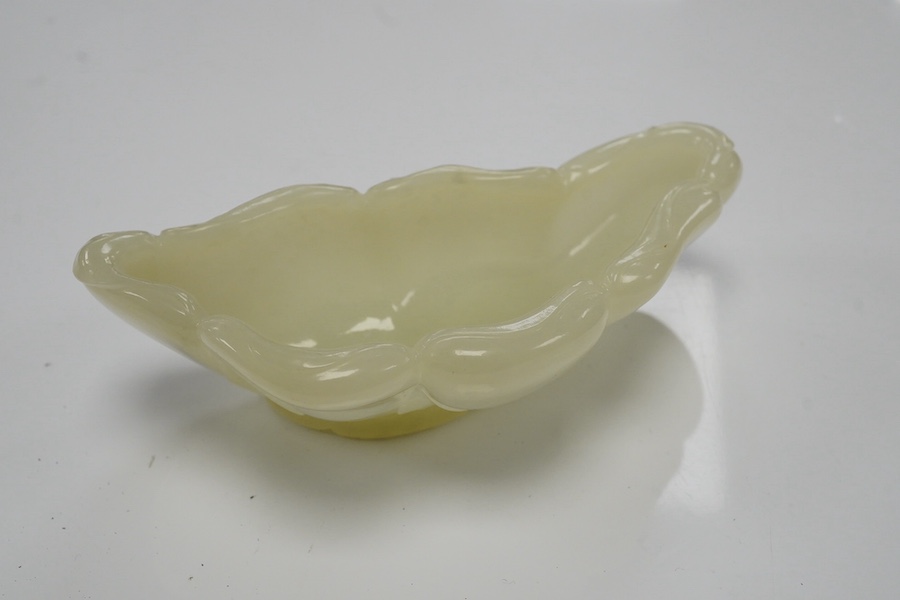 A Chinese jade ‘lotus’ shaped brush washer, 13cm wide. Condition - good